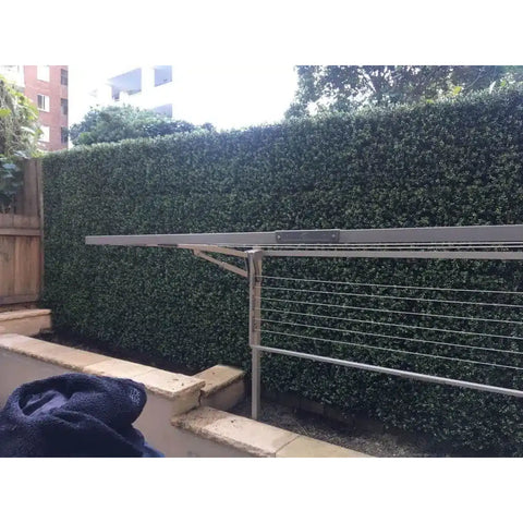 Artificial Premium Natural Buxus Panel installed at a laundry area with the cloth drying rack