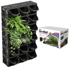Black gro wall 4.5 vertical garden system with plants and Gro-Wall packaging on a white background