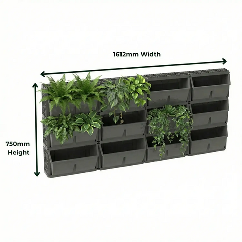 Wall-mounted gro-wall slim pro planters with dimensions labeled on a white background