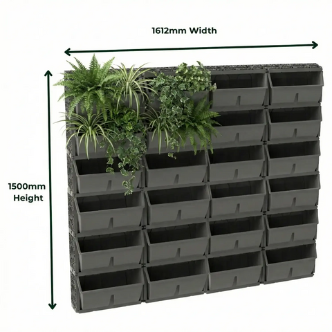 Wall-mounted gro wall slim pro with plants and dimensions labeled