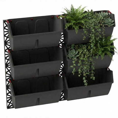 Wall-mounted gro wall slimline planters with plants on a white background