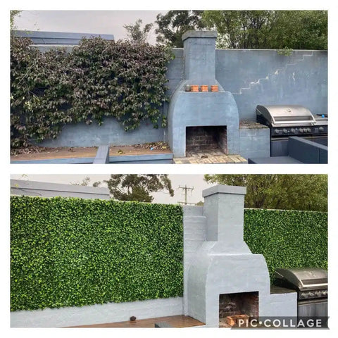 A patio transformation where a gray masonry space with a sparse, dying vine is revitalized with the Artificial Jasmine Hedge Plant Wall Screen Panels