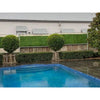 Image of A landscaped pool area on a rainy day, featuring dark tiled decking and a layered privacy fence with topiary trees, wooden panels, lattice, and Artificial Jasmine Hedge Plant Wall Screen Panels