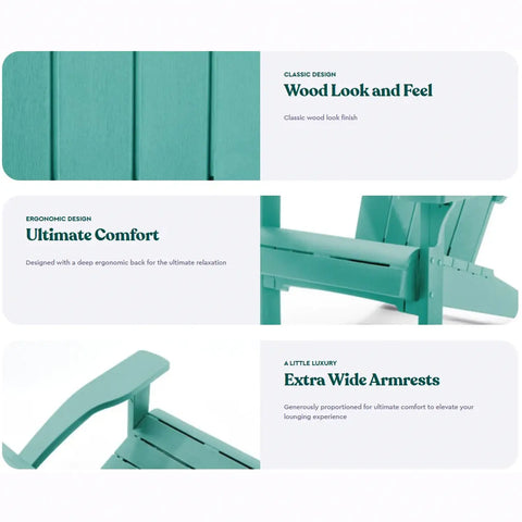 Teal chair with text highlighting wood look, comfort, and armrests on a white background