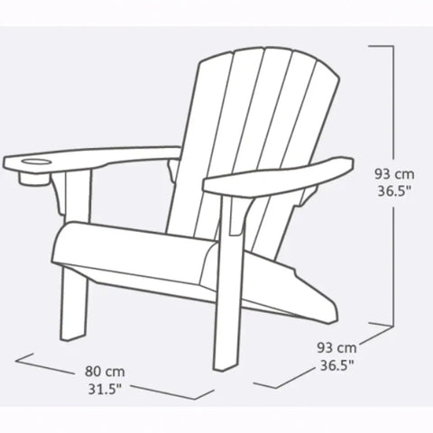 Line drawing of a Keter adirondack  chair with dimensions labeled