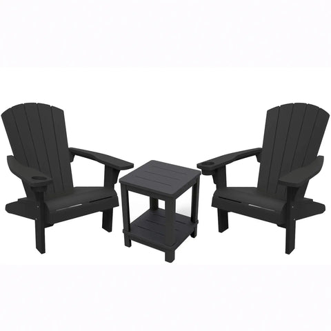 Two graphite Keter Adirondack chairs with a matching side table on a white background
