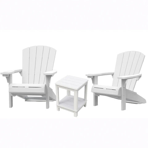 Two white Adirondack chairs with a matching side table on a white background