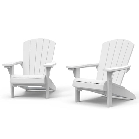 Two white Adirondack chairs on a white background