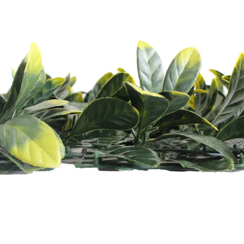 Close up image of the leaves on the Artificial Laurel Hedge 1m x 1m Plant Wall Screening Panel UV Protected