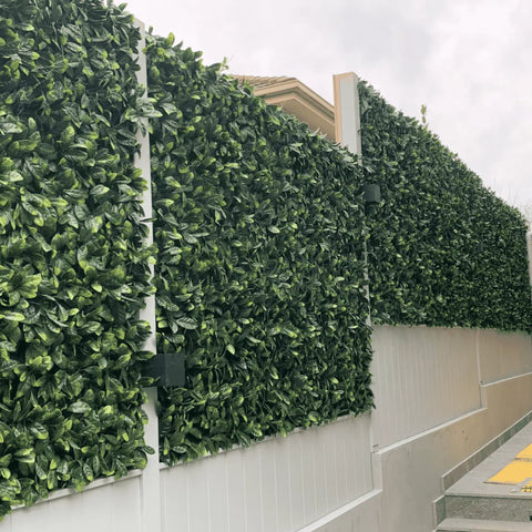 A stepped white boundary wall along a sloped walkway enhanced with Artificial Laurel Hedge Plant Wall Screening Panels