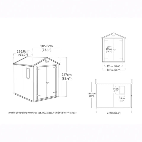 Technical drawing of a shed with dimensions labeled