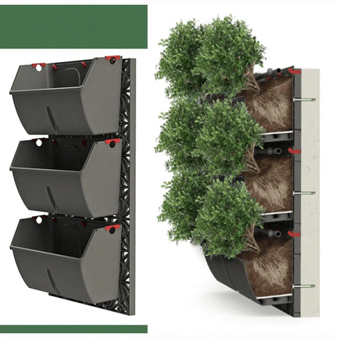 Gro wall slim line vertical garden system with disection view inside plants on a white background