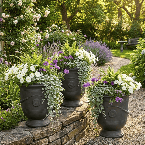 graphite french urn set of 3 in garden setting