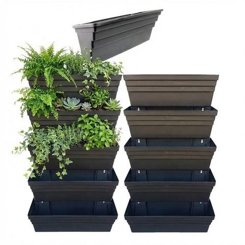 Set of 10 black wallgarden planters with plants on a white background