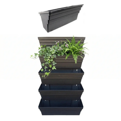 Set of 5 black wallgarden planters with plants on a white background