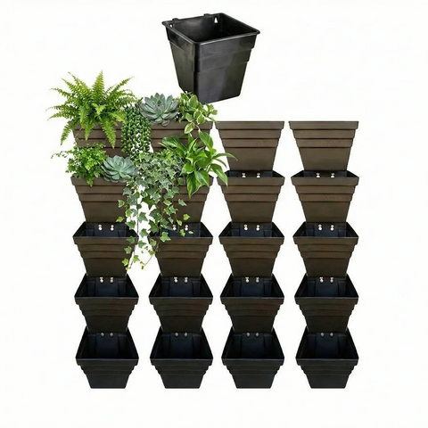 Set of black wallgarden multi hang planters with plants on a white background