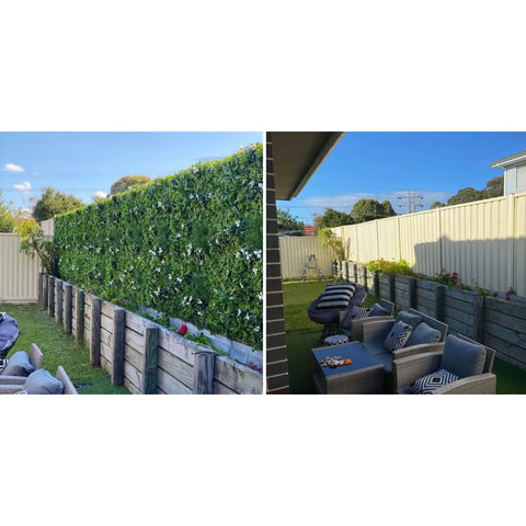 Before and after images of the Artificial White Oasis Vertical Garden Panel installed on a colorbond fence in an outdoor setting, featuring tables and a sofa