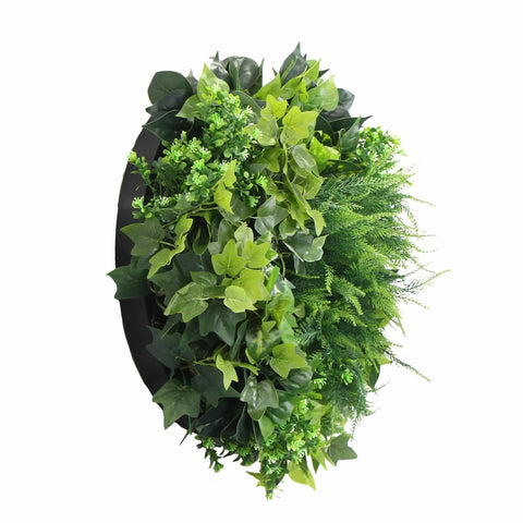 Artificial Green Wall Disc Art 60cm Mixed Green Fern & Ivy - Black