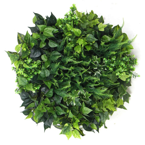 Artificial Green Wall Disc Art 80cm Mixed Green Fern & Ivy - White
