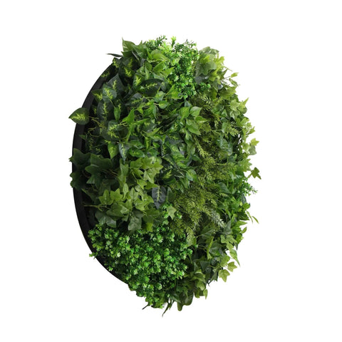 Artificial Green Wall Disc Art 90cm Mixed Green Fern - Black