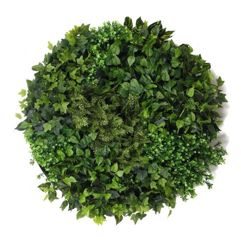 Artificial Green Wall Disc Art 90cm Mixed Green Fern - White